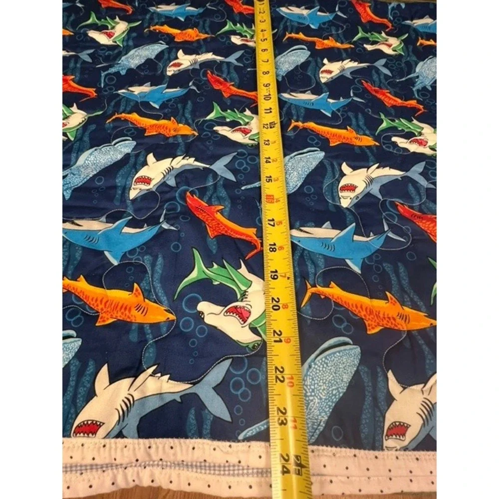 Handmade Shark Print Quilt Navy Blue Gingham Reverse 48x40 Nursery Throw
